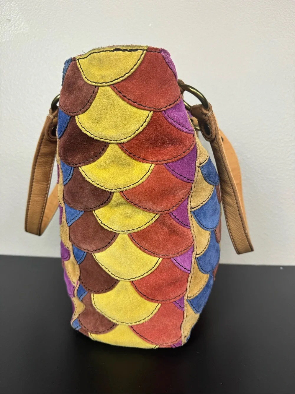 Lucky Brand patchwork colorful leather bag Y2K Boho quilted suede 70s style EUC